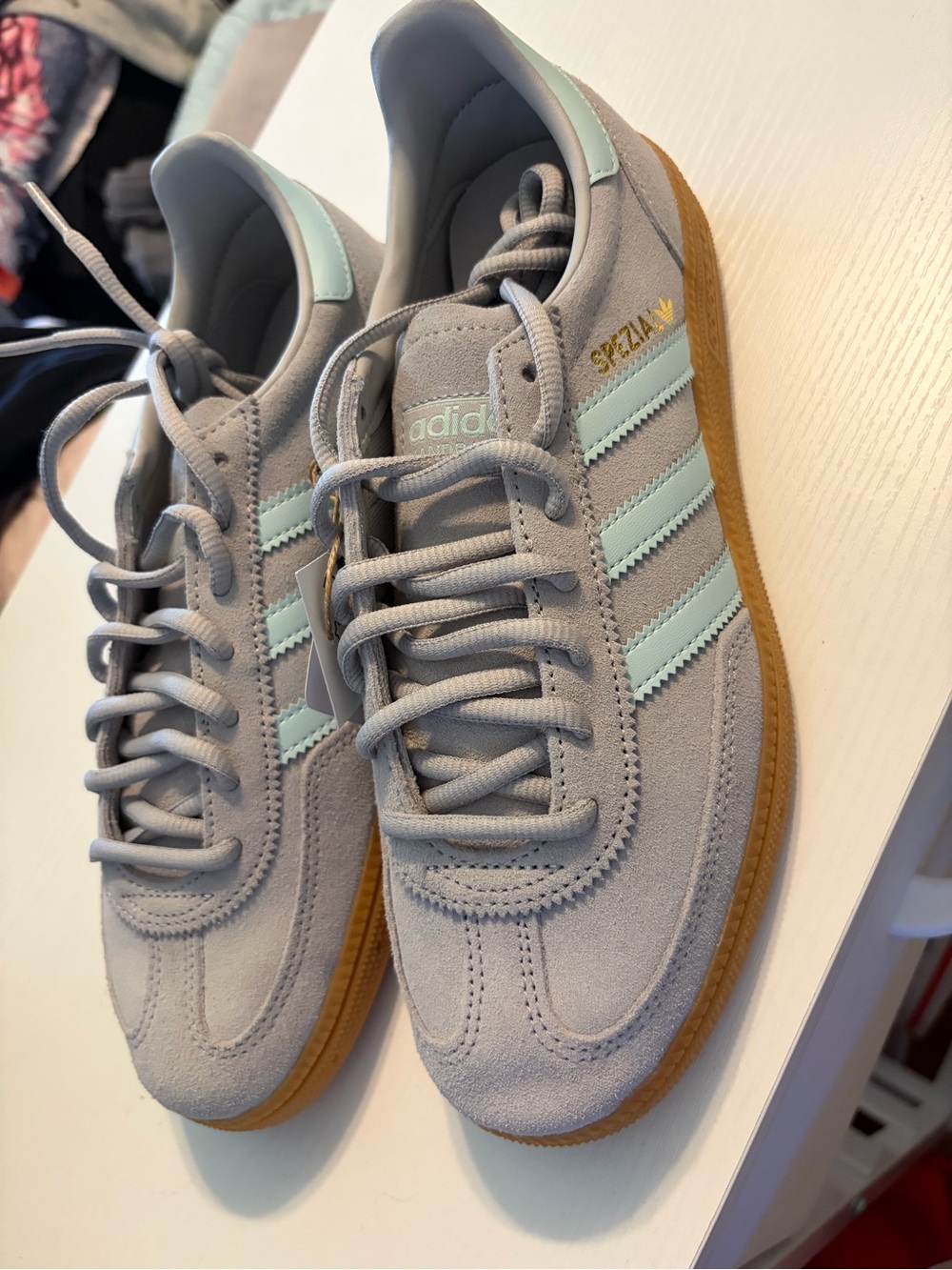 adidas Women's Suede Sneakers in Light Gray with Mint Stripes and Gum Sole